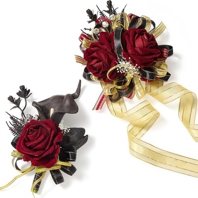 Burgundy Prom Corsage and Boutonniere Set, Artificial Calla Lily Red Rose Wri...