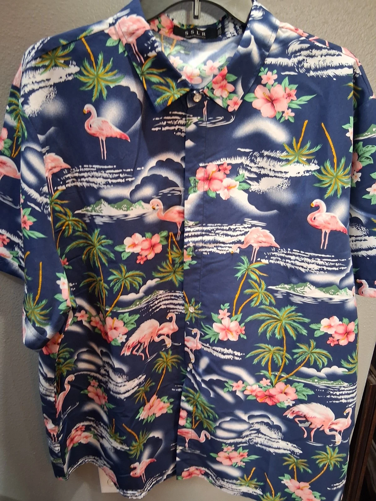Sslr Men Collection 2XL Hawaiian B/D Shirt Flamingos Palm Trees Poly Nwot 142