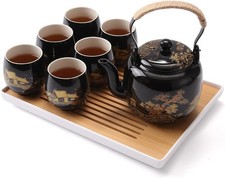 Dujust Japanese Tea Set, Black Porcelain Tea Set with 1 Teapot Set, 6 Tea Cups,