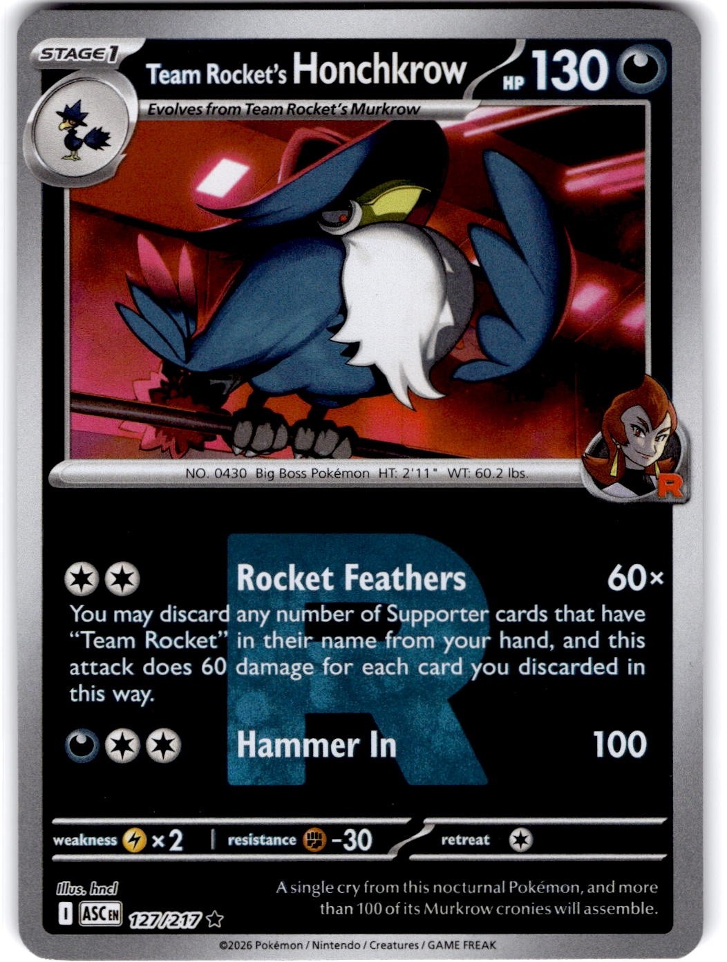 Pokemon Team Rocket's Honchkrow Ascended Heroes 127/217 Team Rocket Pattern