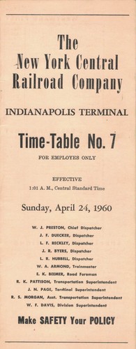 New York Central 1960 Indianapolis Terminal Employee Time Table #7
