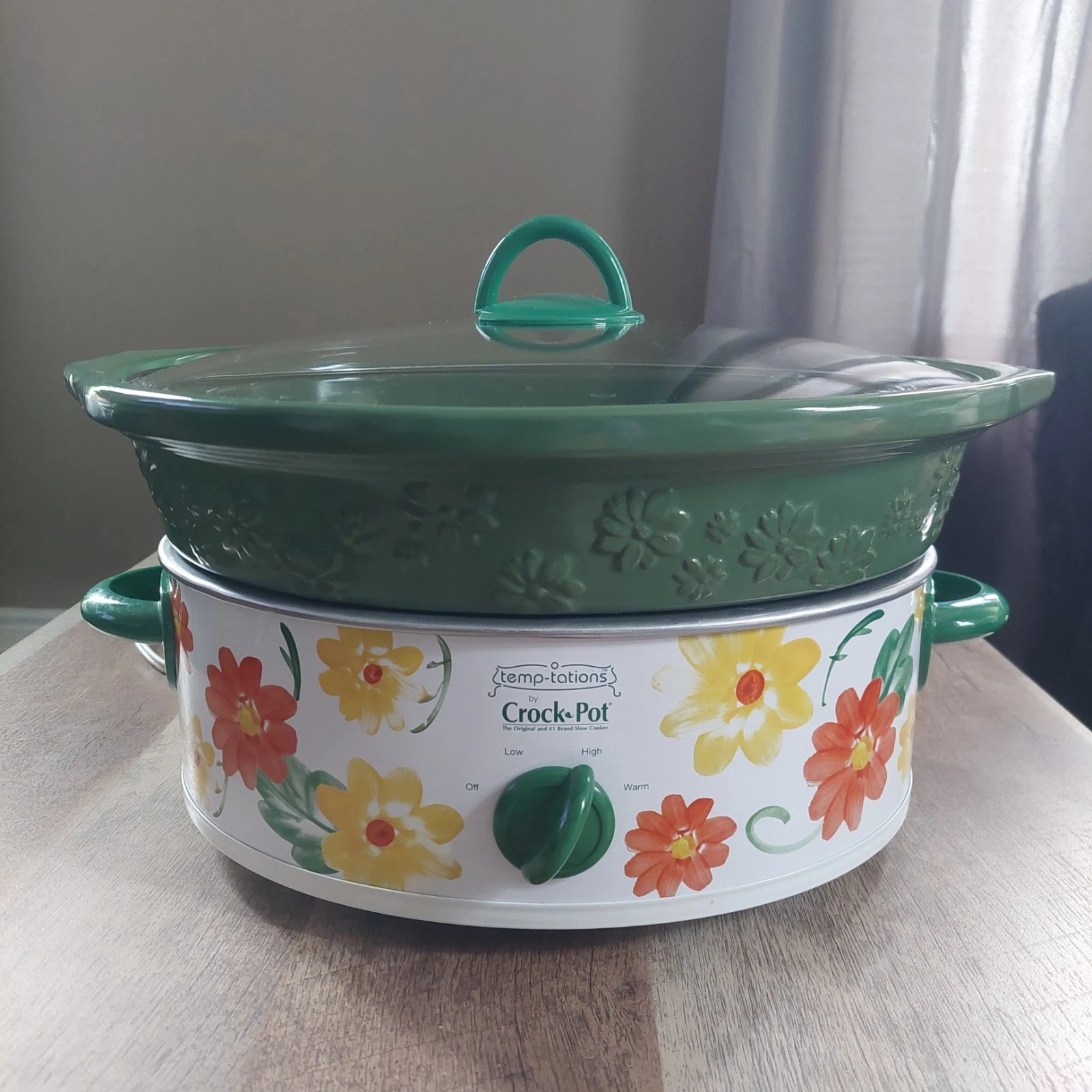 Temptations By Crock Pot Slow Cooker SCVE500 Green Stoneware Floral 5 Qt HTF