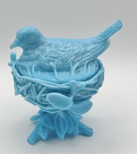 Vintage Westmoreland Blue Milk Glass Bird on Twigs Pedestal Nest Candy Dish 6.5