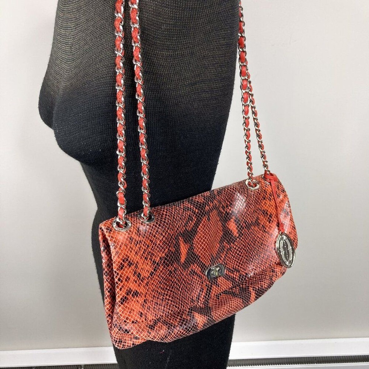 Elie Tahari Emory Snake Embossed Leather Crossbody Bag Chain Strap Twist  Lock