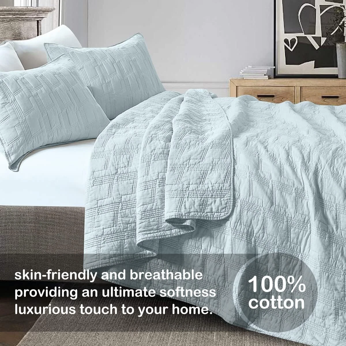 100 Cotton Quilt Set Twin Size Baby Blue Pre Washed 2 Piece Bedspread Coverlet