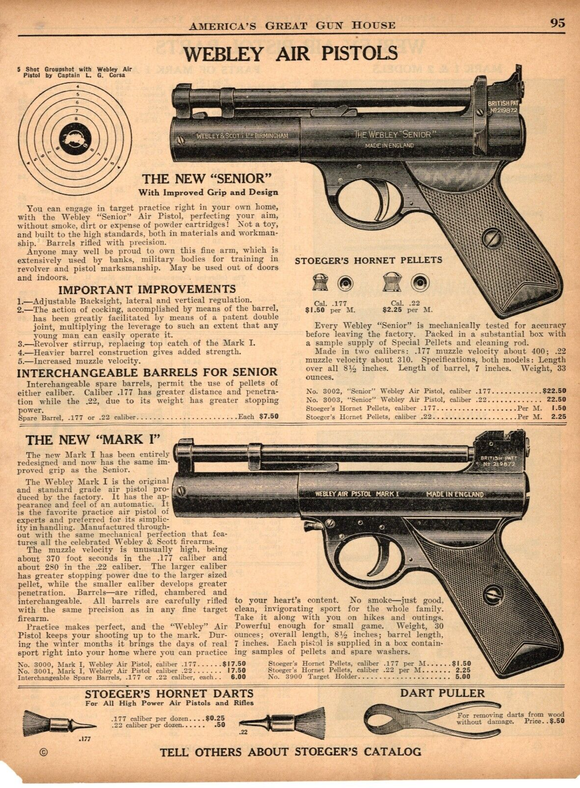 1935 Print Ad of Webley Senior & Mark I Air Pistol Pellet Gun
