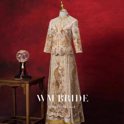 Traditional Chinese Wedding Dress Gold Pearl Phoneix Tea Ceremy Gown Extravagant