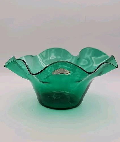 Vintage Blenko Glass Crimped Ruffled Bowl 3744X Sea Green 8" Handblown Glass
