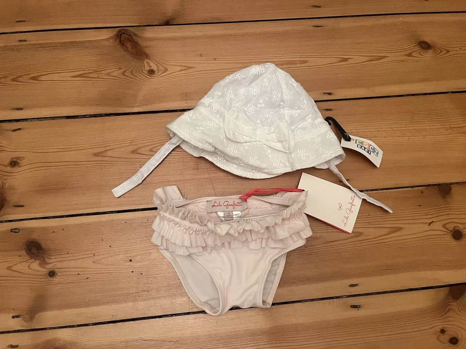 Lili Gaufrette Bikinihose rosa Rüschen jetzt 3 Monate und Sonnenhut neu mit Etikett