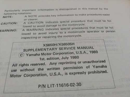 Yamaha XS650H XS650H Supplementary Service manual 29 pgs MINT - Picture 3 of 6
