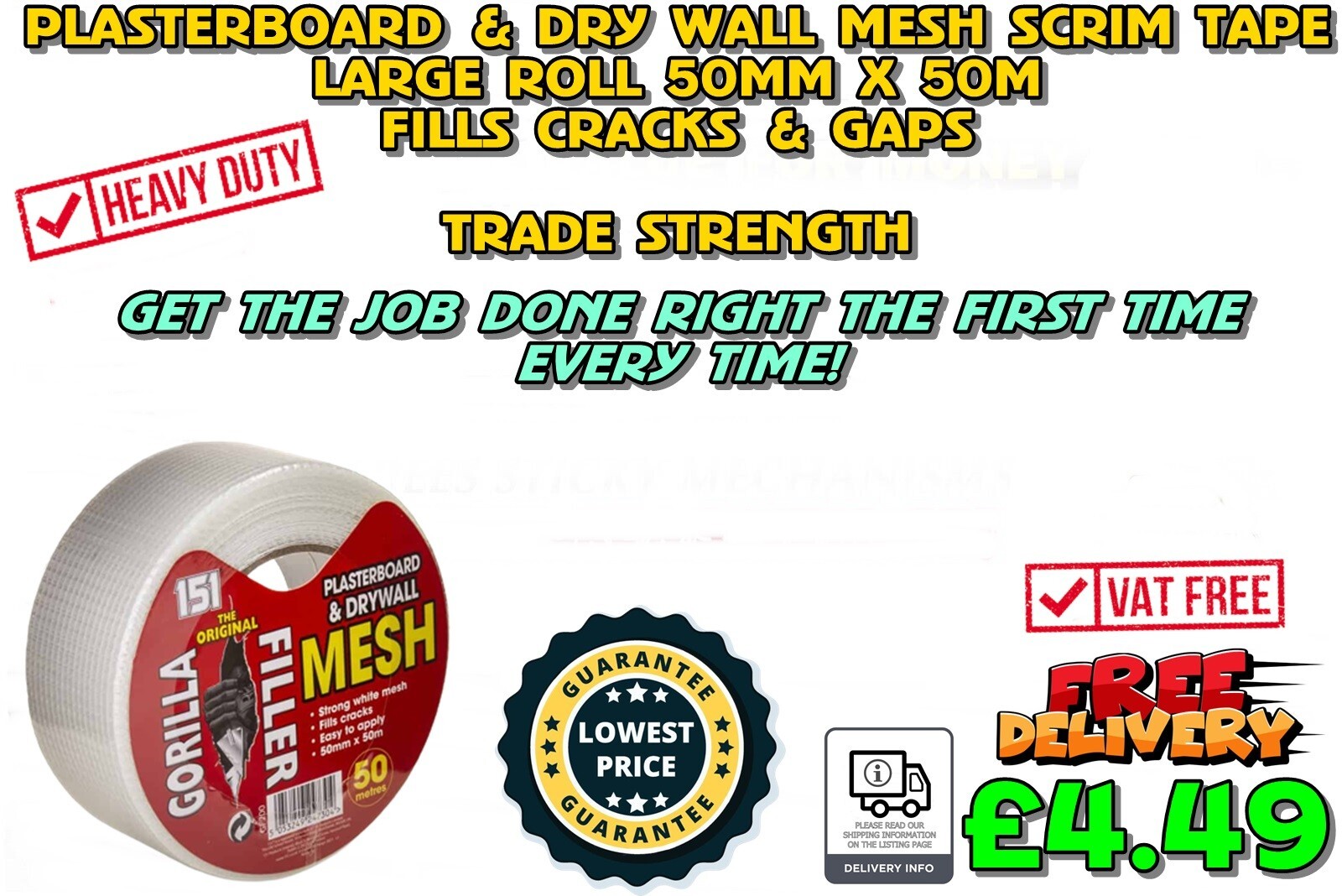 GORILLA SCRIM TAPE PLASTERBOARD REPAIR TAPE JOINT COVER MESH DRYWALL