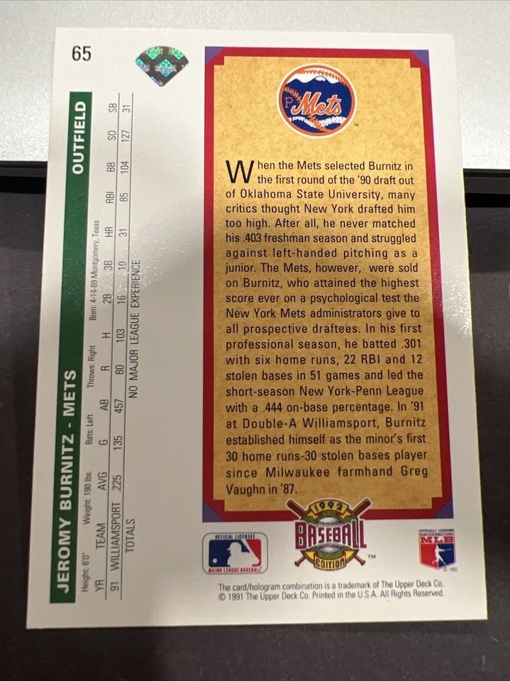 1992 Upper Deck Jeromy Burnitz Top Prospect Rookie RC #65 New York Mets  - Image 2 of 2