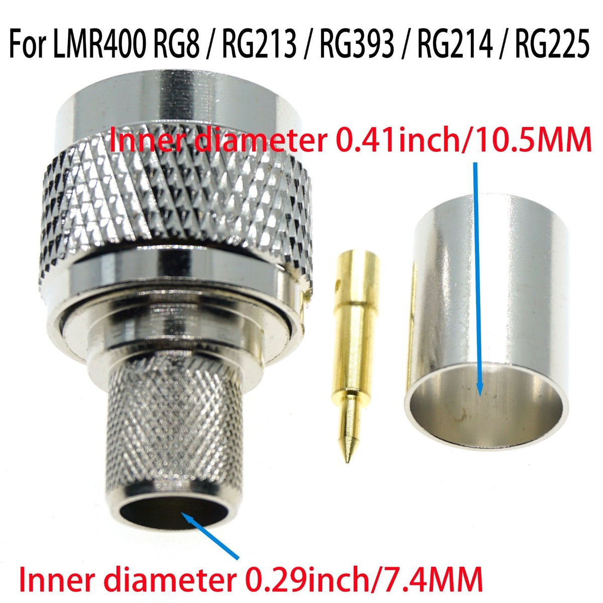 N Male Plug Crimp Connector For RG8, LMR400, RG213 Coaxial Cable – Silver, RF/USA Made