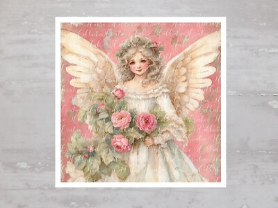 Pink French Country Christmas Angel Fabric Panel Craft Sewing Quilt Block A470