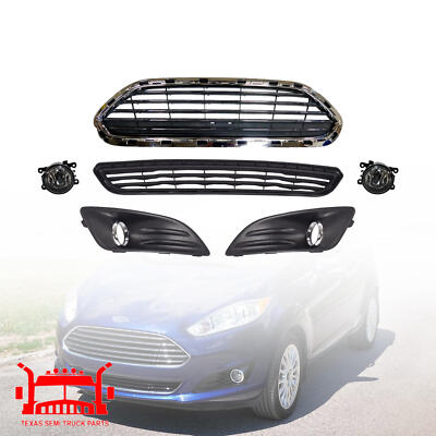 Front Upper + Lower Grille w/ Fog Lamp Kit Replacement For 2014-2019 Ford Fiesta