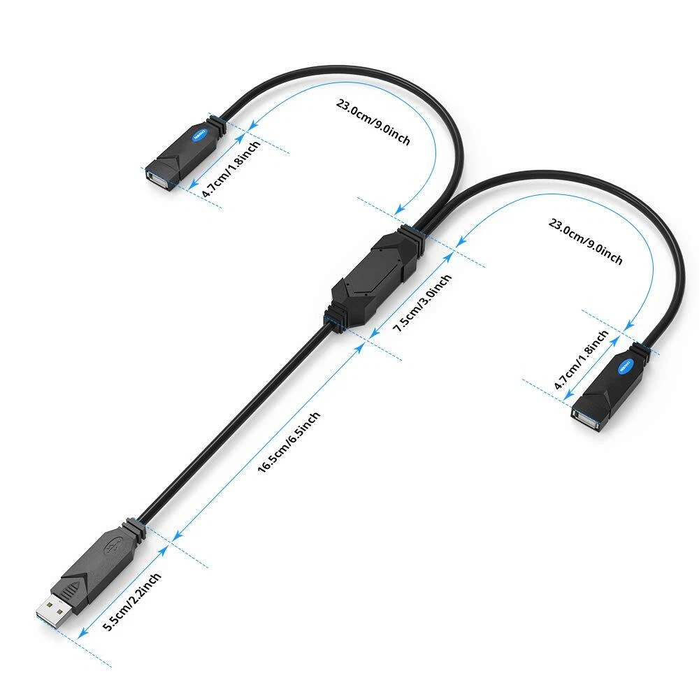 1-to-2 USB 2.0 Splitter Hub with Data Sync & Power Extension