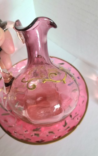 vtg CRANBERRY GLASS CRUET w UNDERLINER Enamel Flowers GOLD GILT / free ship - Picture 6 of 15