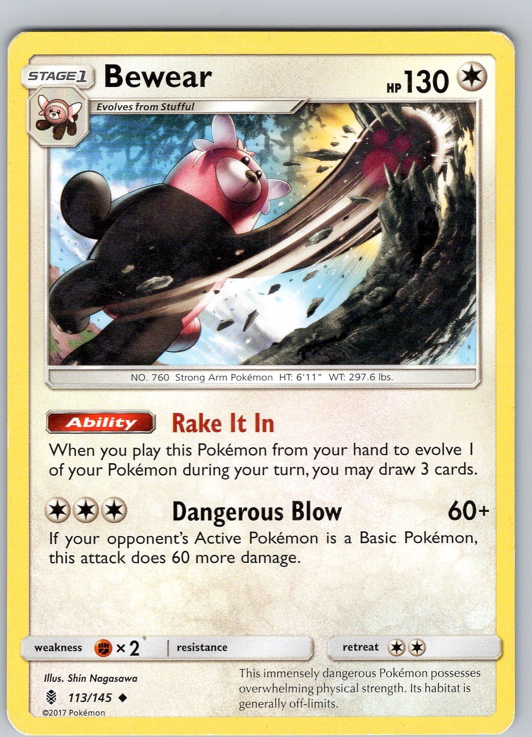 Pokemon TCG Bewear S&M Guardians Rising 113/145 Regular Uncommon Card Played LP