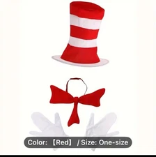 Cat In The Hat Costume Accessory Set Red White Adult Size Hat Gloves Bowtie