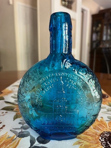 Vintage Independence Hall & Old Stone House BLUE Glass Bottle Clevenger Brothers