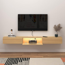 LED Floating TV Stand, 71'' Wall-Mounted Cabinet with Glass Door Drawers, Oak