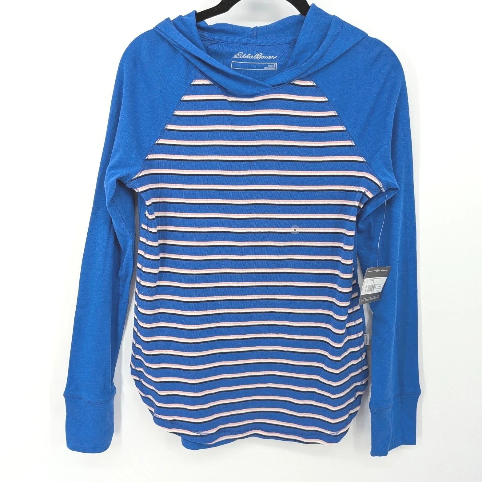 Eddie Bauer Top Women Small Blue Striped Hood Long Sleeve Shirt Outdoors Casual