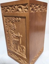 Big Carved Rustic Wooden Cremation Urn Memorial Keepsakes Deer Buck Tall Box Men