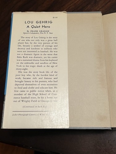 1942 Lou Gehrig “A Quiet Hero” With Dust Jacket!! First Printing - Picture 2 of 6