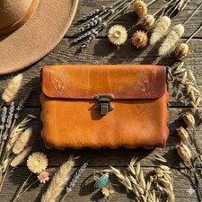 Vintage 1970s Tan Hand Tooled Leather Floral Rectangle Clutch Purse Boho Hippie