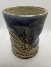 Vintage Studio Pottery 4” Brush Cup / Tumbler RH Signed Blue Beige Mountain Tree