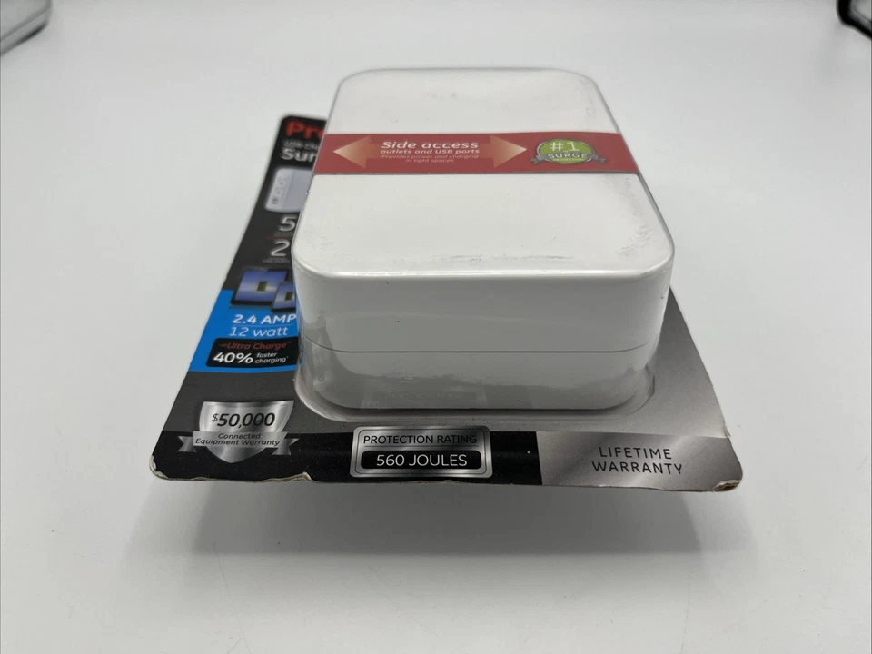 GE Pro 2 Outlet + 2 USB Side Access Surge Protector 2.4 Amp White Model 37090 - Image 2 of 4