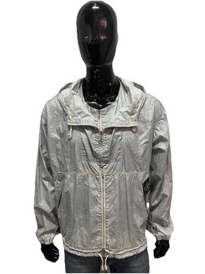 Stone Island Vintage Anorak aus Nylon Metal Silver, Kapuze, Reißverschluss, XL
