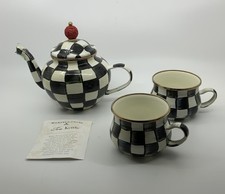 MacKenzie Childs 4 Cup Tea Pot Set Plus 2 Enamel Teacups Black Courtly Check