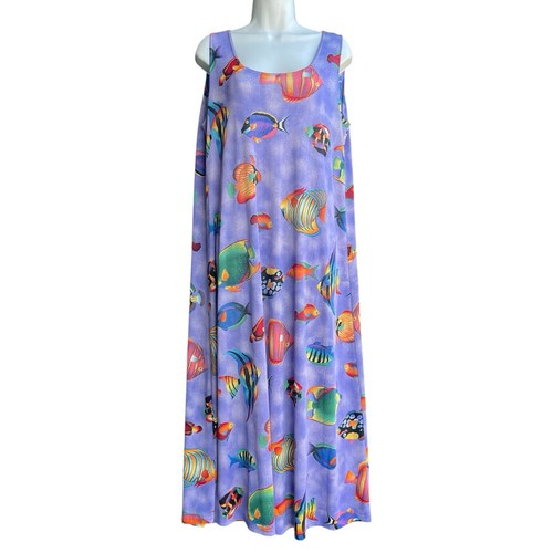 JOSTAR Aquatic Fish Slinky knit Maxi Dress Women’s L Sleeveless Tropical Novelty