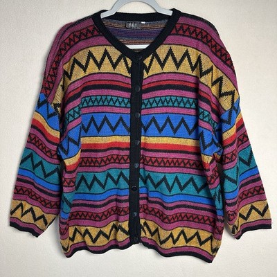 Vintage Sweater Cardigan Womens Plus Size 2X Multi Colorful Geo Print Button