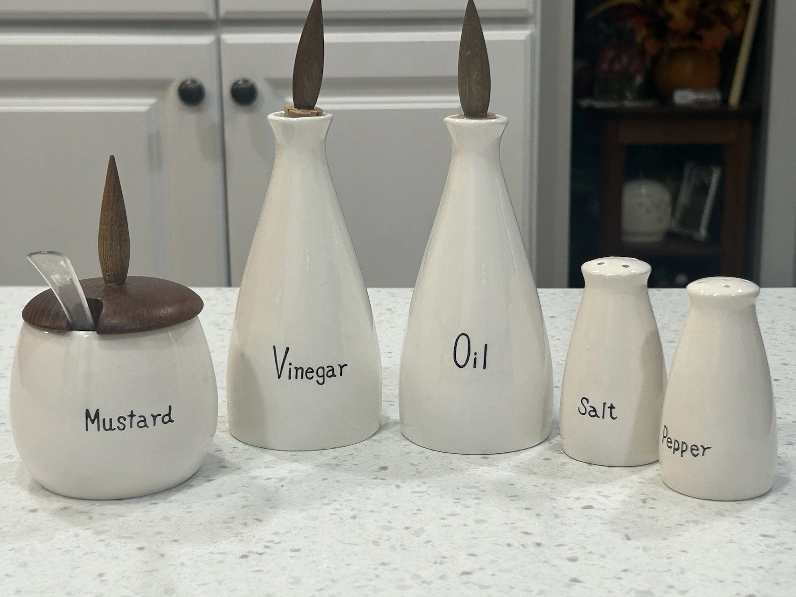 WOODCREST CERAMICS by STYSON JAPAN,Vinegar,Oil,Mustard, Salt & Pepper Shakers