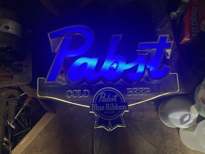 VINTAGE PABST BLUE RIBBON BEER SIGN COBALT BLUE LIGHTED LIGHT PBR COLD BEER 1986