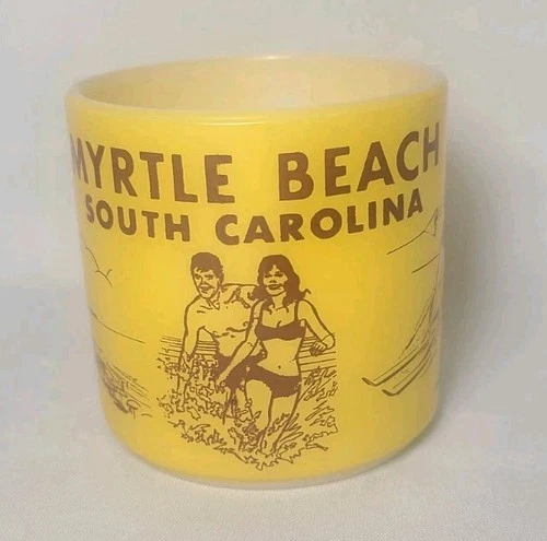 Vintage Fire King Milk Glass Yellow Myrtle Beach South Carolina Mug ~ Pre-owned