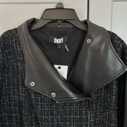 NWT DKNY Women’s Large Black & White Tweed Faux Leather Jacket  Cropped Party - Picture 5 of 13