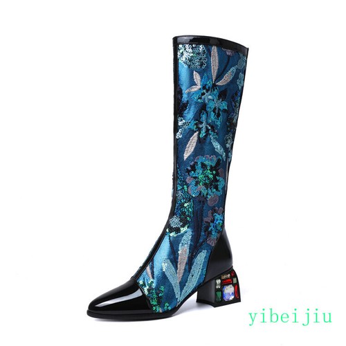 Women's Knee High Embroidery Flower Sequins Boots Soft Leather Chunky Heel Shoes - Picture 10 of 21