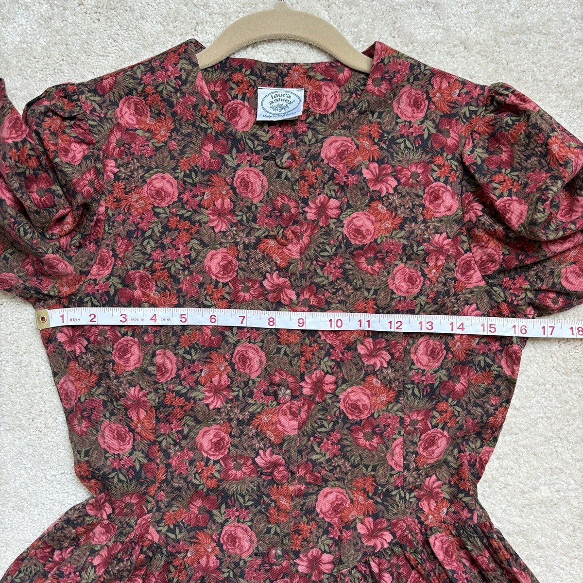 Vintage Laura Ashley Wool Cotton Red Floral Great Britain Dress US 