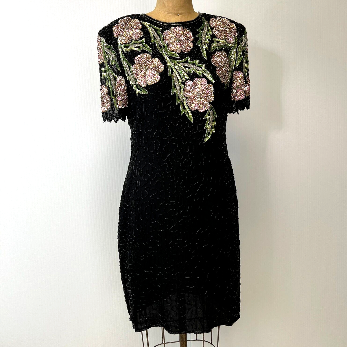 パーティードレス Silk Lace Black Dress Laurence Kazar Dress Women Large Petite Silk Sheath Sparkle