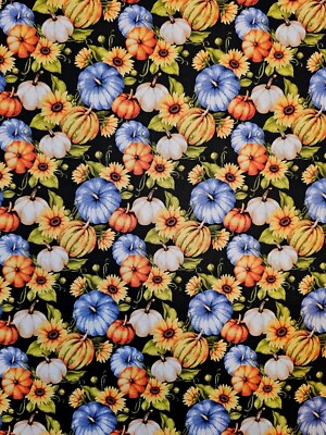 MDG - 2 YARDS FOR 22.00 Sunflower Harvest Black Quilting Fabric With Pumpkins  