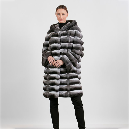 2024 Frauen Real Rex Kaninchenfell Kapuze -Mantel Mode Chinchilla warme Jacke - Bild 1 von 5