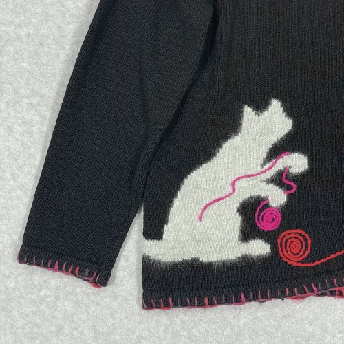 Coldwater Creek Sweater Womens 1X Cat Kitten Playing Yarn Knit Embroidered Black - Picture 3 of 13