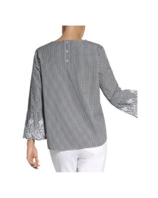 Basler Black and White V-Neck Gingham Print Embroidered Bell Sleeve Top Size 20