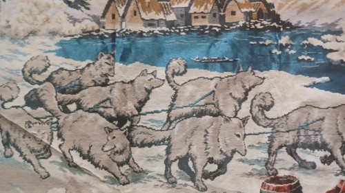 Vintage Dog Sled Tapestry, Eskimo And Village 57x40. C1932 - Picture 13 of 15