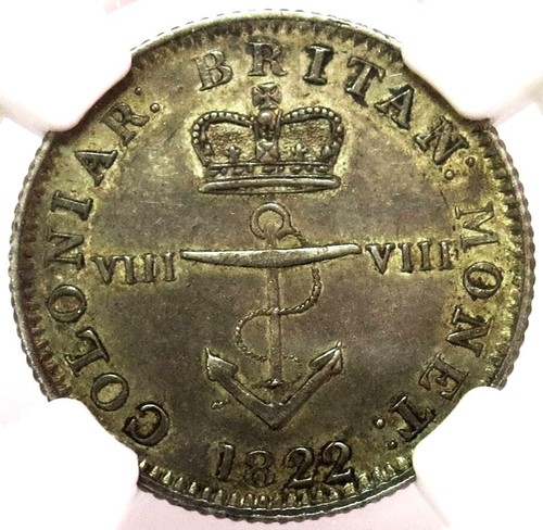1822 SILVER BRITISH WEST INDIES 1/8 DOLLAR ANCHOR MONEY COIN NGC ABOUT UNC. 55 - Picture 2 of 3