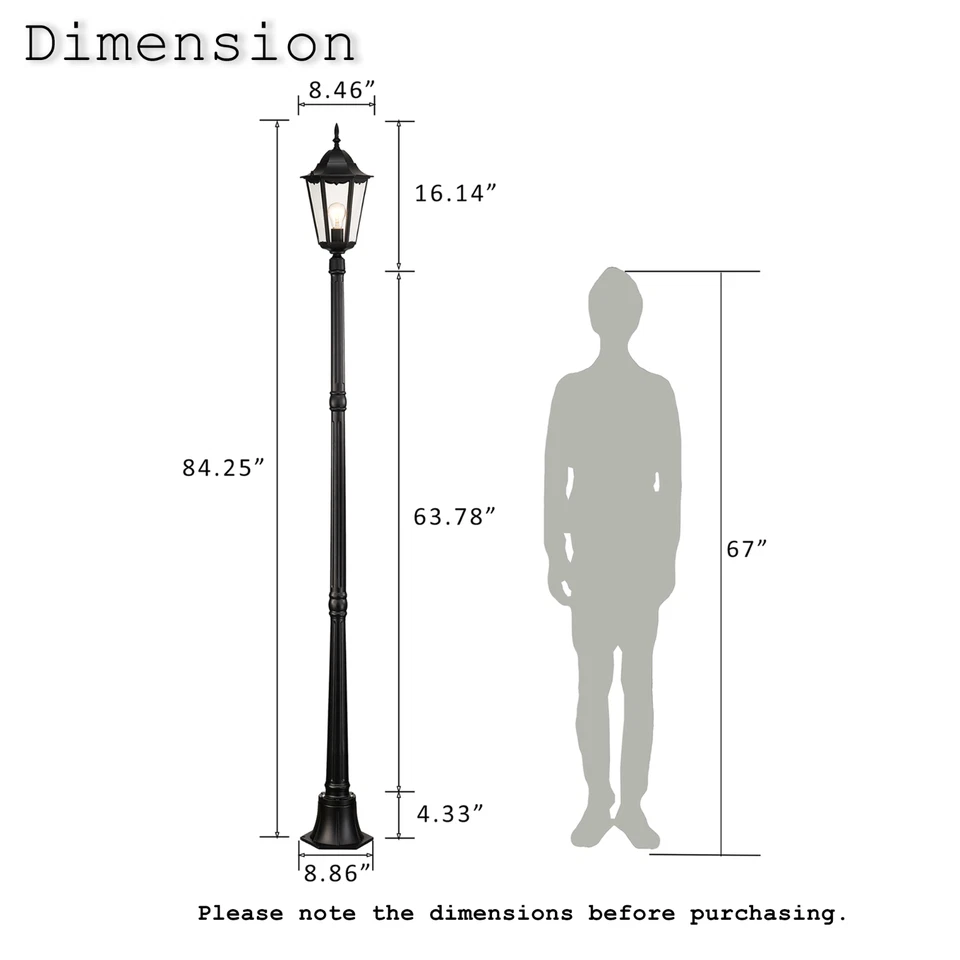 Poste de lámpara de exterior ajustable negro 84" cableado de luz, resistente a la intemperie, patio, jardín Foto 3 de 4