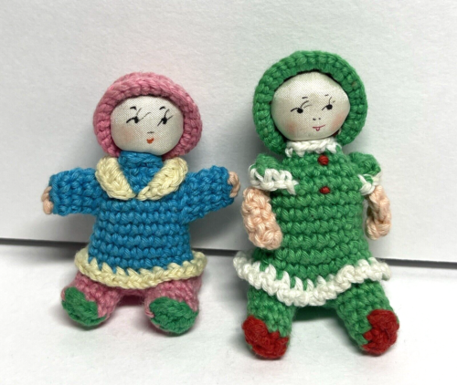 AMIGURUMI Miniature, 2" Japanese Crochet Knitted Dolls - Lot Of 2 Vintage